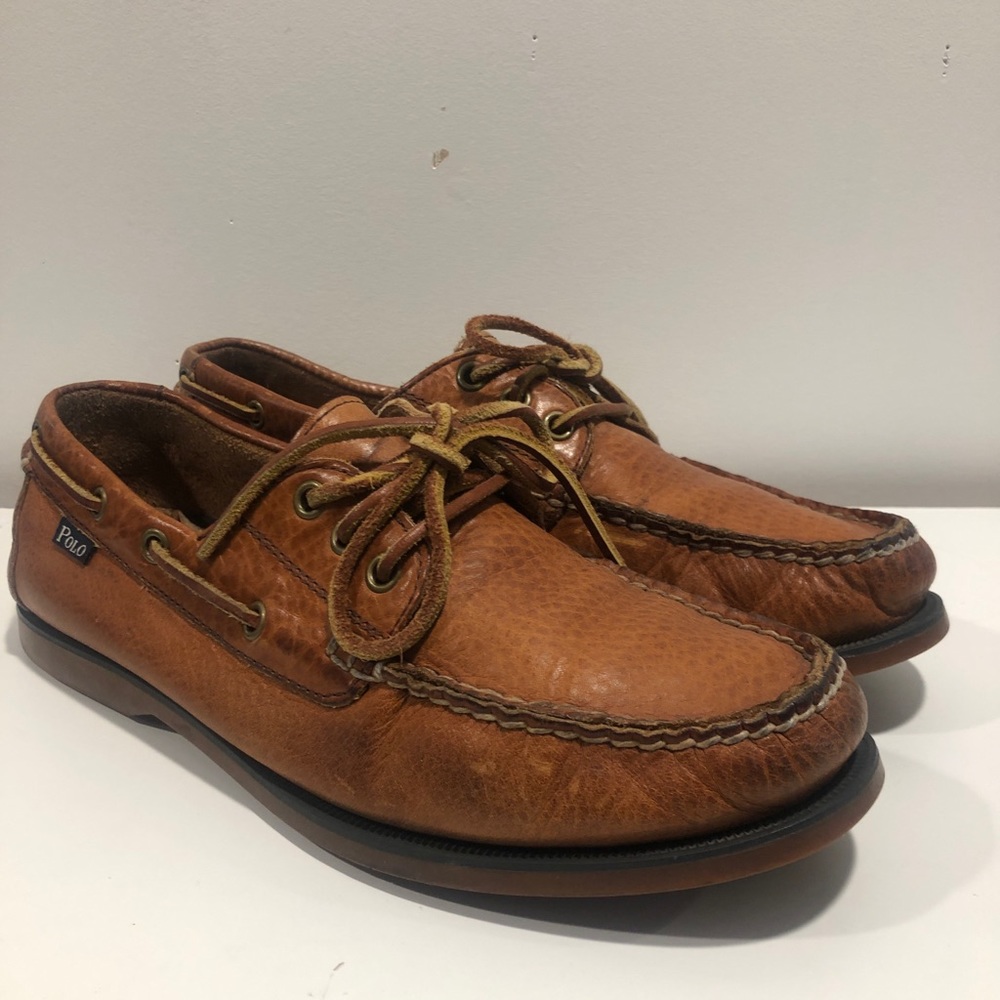 RALPH LAUREN POLO Bienne Boat Shoes Mens Sz 8 D Brown Leather Lace Up Loafers